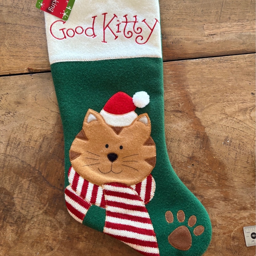 Preferred Products Good Kitty Christmas‎ Stocking Green Felt Ginger Cat Applique